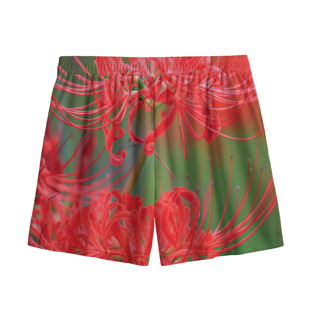 Red Japanese Amaryllis Print Mesh Shorts