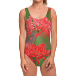 Red Japanese Amaryllis Print One Piece Swimsuit