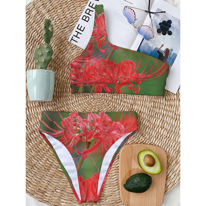 Red Japanese Amaryllis Print One Shoulder Bikini Top