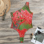 Red Japanese Amaryllis Print One Shoulder Bodysuit