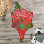 Red Japanese Amaryllis Print One Shoulder Bodysuit