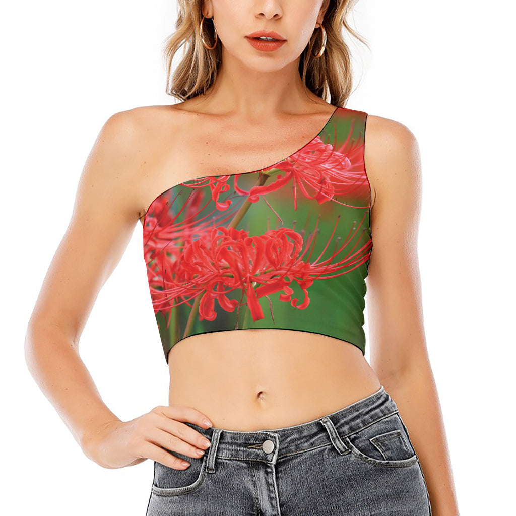 Red Japanese Amaryllis Print One Shoulder Crop Top