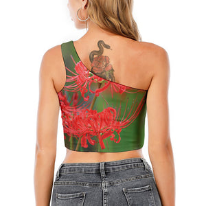 Red Japanese Amaryllis Print One Shoulder Crop Top