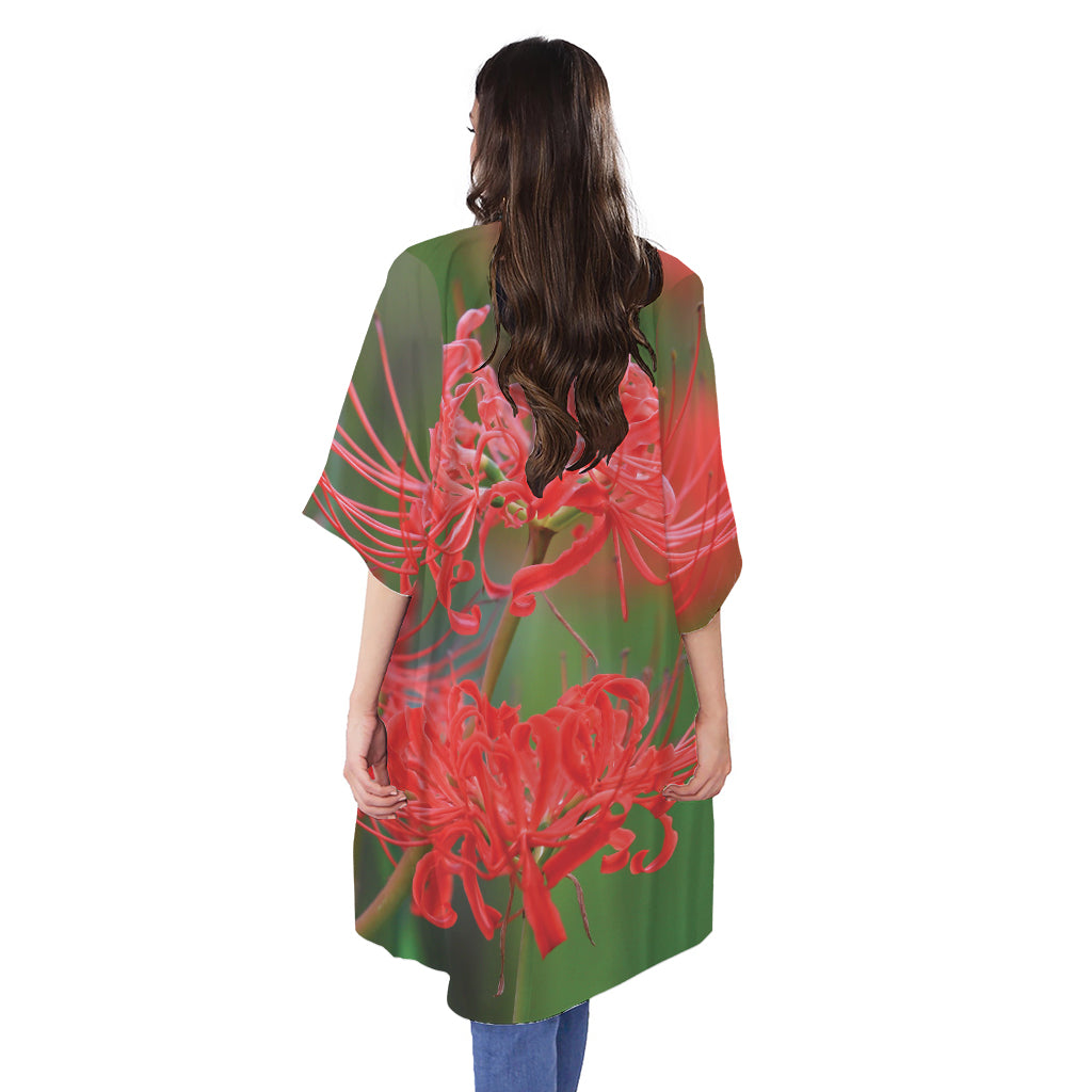 Red Japanese Amaryllis Print Open Front Beach Cover Up