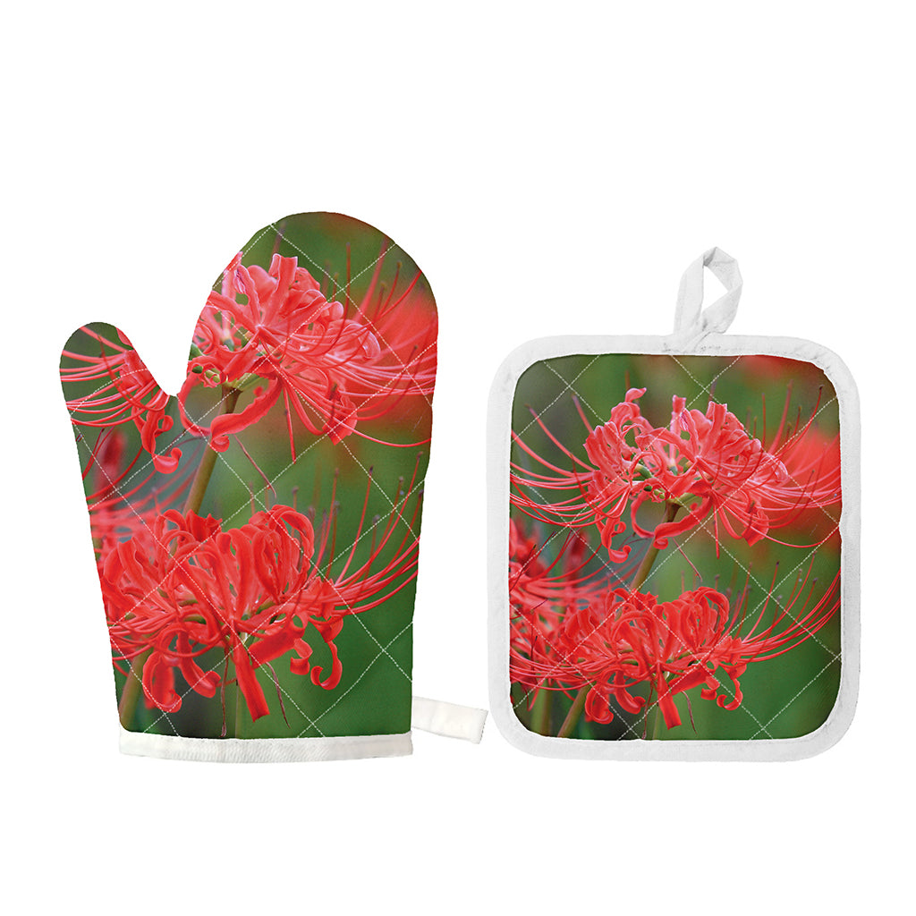Red Japanese Amaryllis Print Oven Mitt And Pot Holder Set