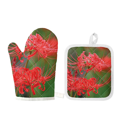 Red Japanese Amaryllis Print Oven Mitt And Pot Holder Set