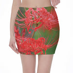 Red Japanese Amaryllis Print Pencil Mini Skirt