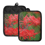 Red Japanese Amaryllis Print Pot Holders With Pocket
