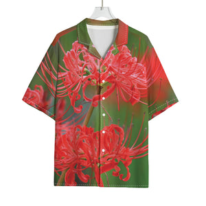 Red Japanese Amaryllis Print Rayon Hawaiian Shirt