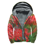 Red Japanese Amaryllis Print Sherpa Lined Zip Up Hoodie