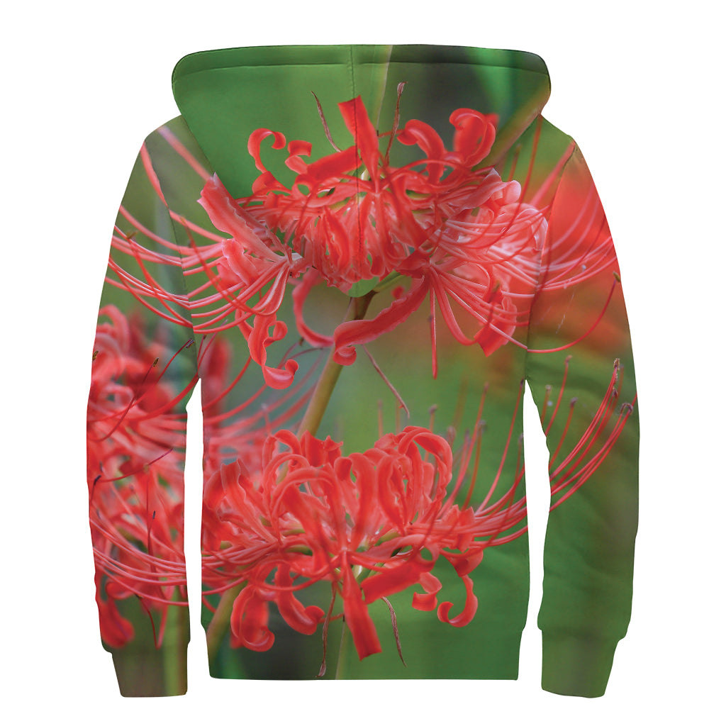 Red Japanese Amaryllis Print Sherpa Lined Zip Up Hoodie