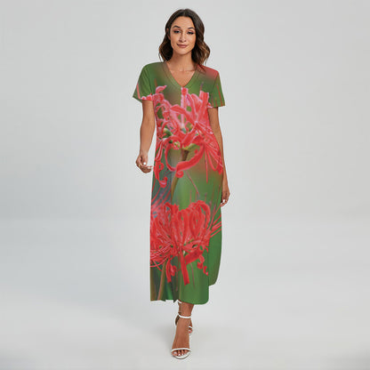 Red Japanese Amaryllis Print Short Sleeve Maxi Dress