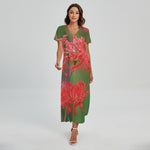 Red Japanese Amaryllis Print Short Sleeve Maxi Dress