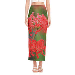 Red Japanese Amaryllis Print Side Slit Maxi Skirt