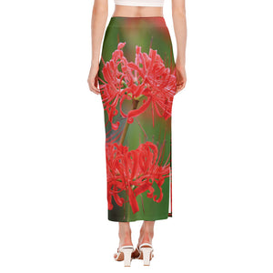 Red Japanese Amaryllis Print Side Slit Maxi Skirt