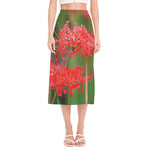 Red Japanese Amaryllis Print Side Slit Midi Skirt