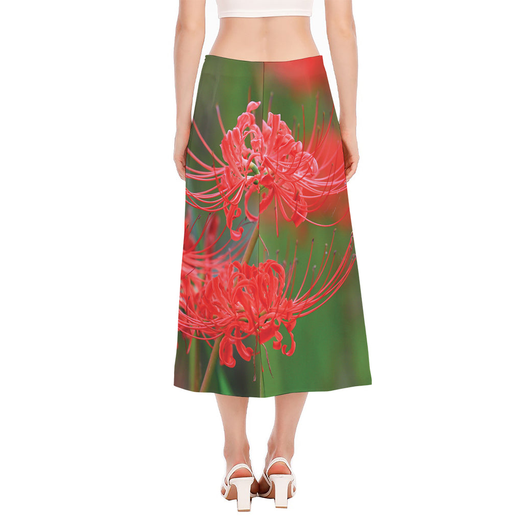 Red Japanese Amaryllis Print Side Slit Midi Skirt