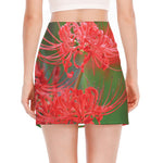 Red Japanese Amaryllis Print Side Slit Mini Skirt