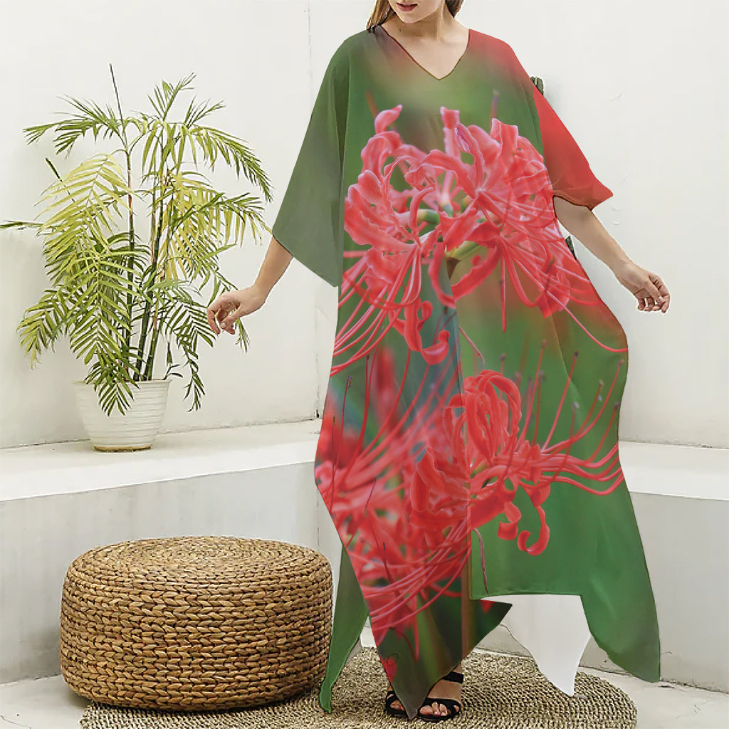 Red Japanese Amaryllis Print Silk V-Neck Kaftan Dress