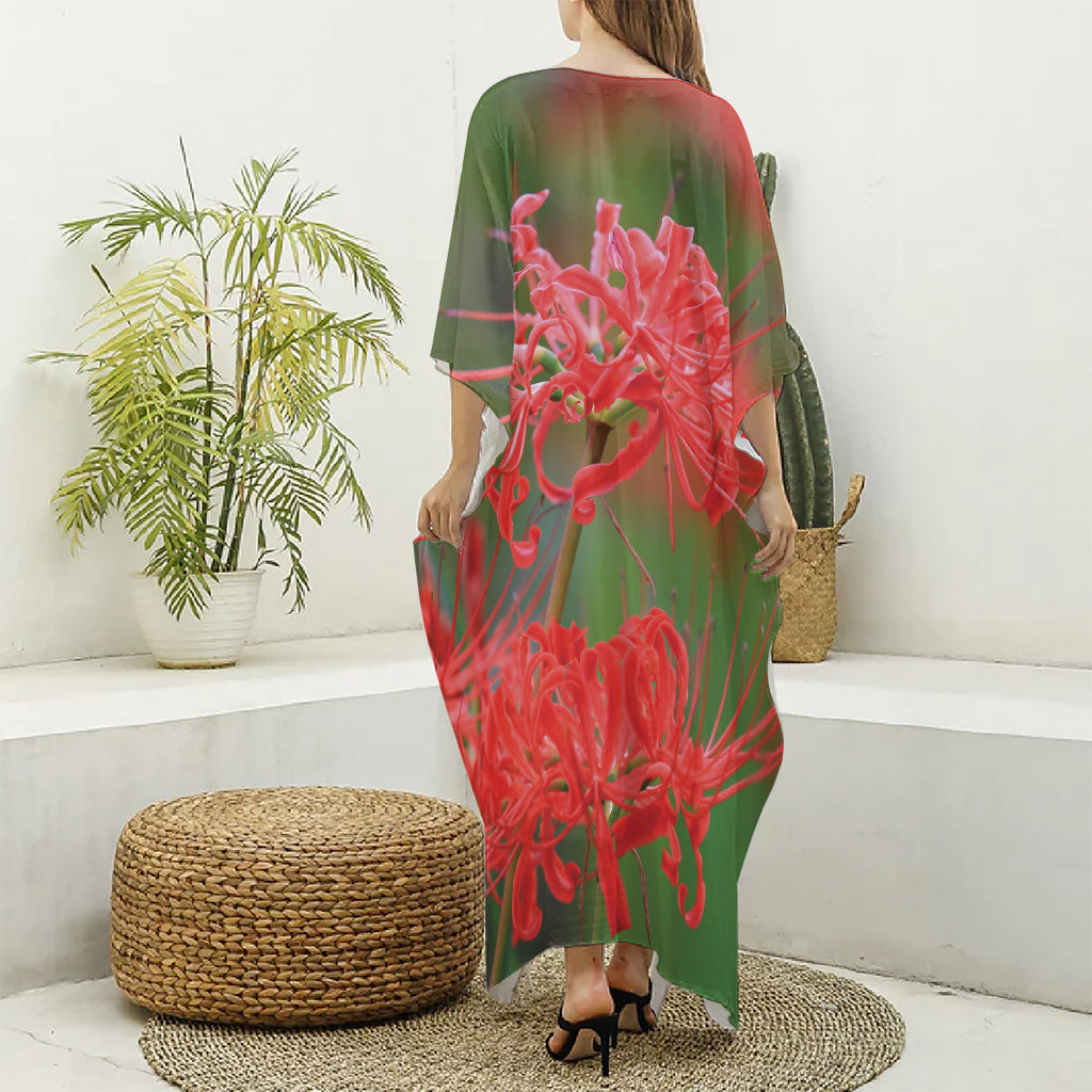 Red Japanese Amaryllis Print Silk V-Neck Kaftan Dress