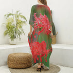 Red Japanese Amaryllis Print Silk V-Neck Kaftan Dress