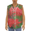 Red Japanese Amaryllis Print Sleeveless Baseball Jersey