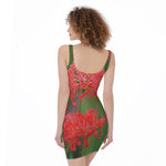 Red Japanese Amaryllis Print Sleeveless Bodycon Dress