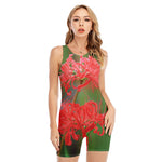 Red Japanese Amaryllis Print Sleeveless One Piece Swimsuit