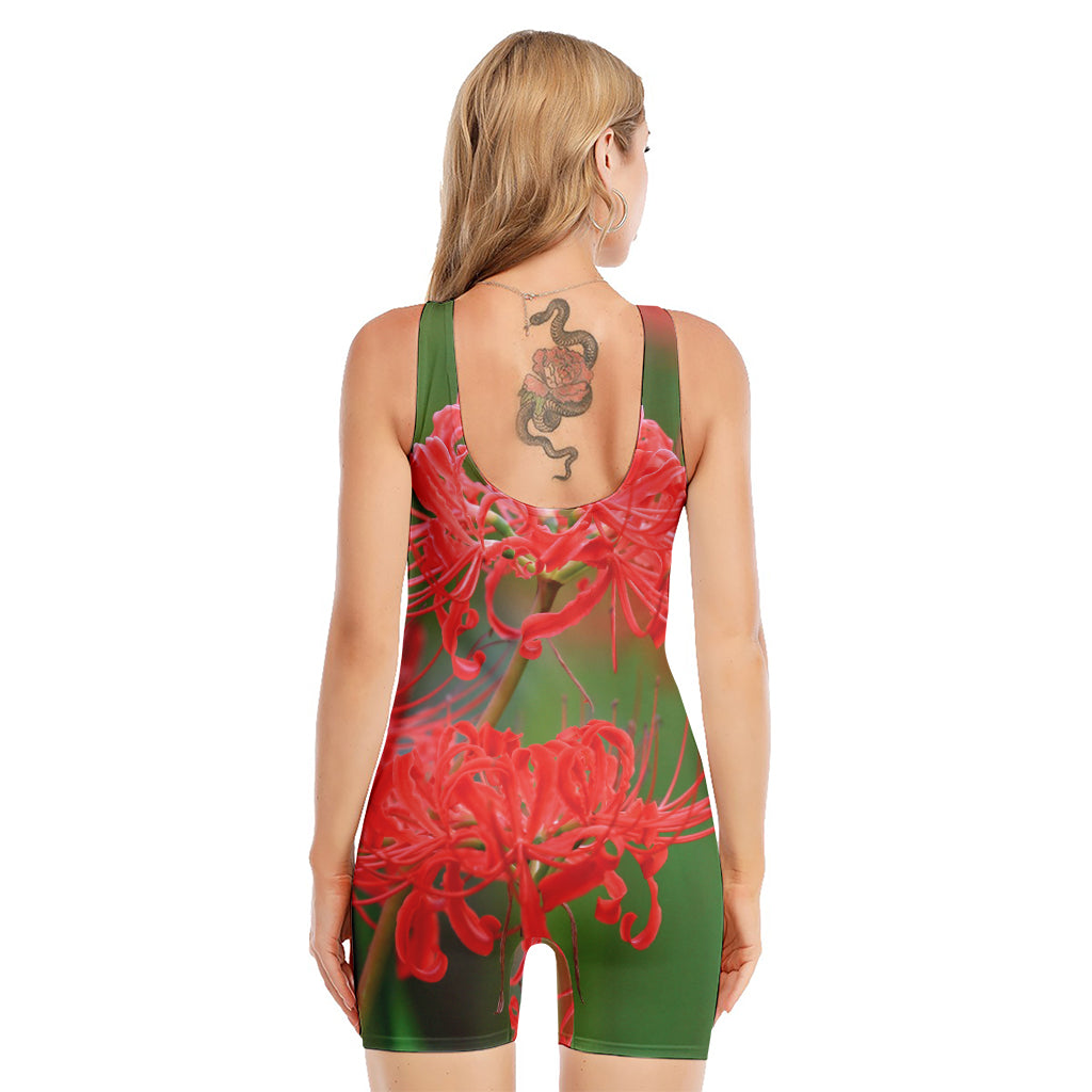 Red Japanese Amaryllis Print Sleeveless One Piece Swimsuit