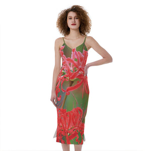 Red Japanese Amaryllis Print Slim Fit Midi Cami Dress