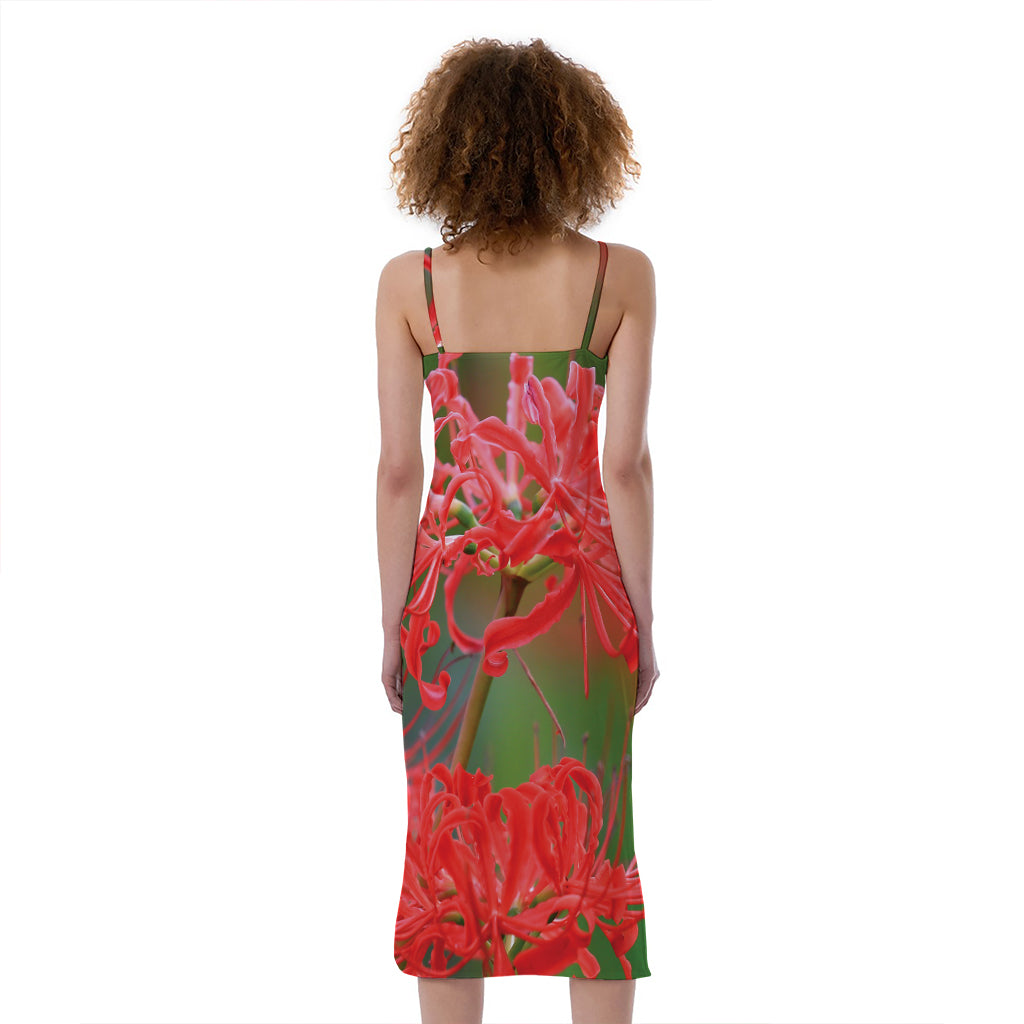 Red Japanese Amaryllis Print Slim Fit Midi Cami Dress