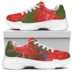 Red Japanese Amaryllis Print White Chunky Shoes