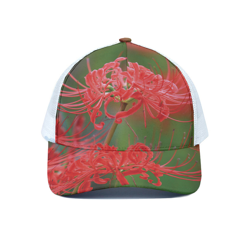 Red Japanese Amaryllis Print White Mesh Trucker Cap