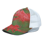 Red Japanese Amaryllis Print White Mesh Trucker Cap