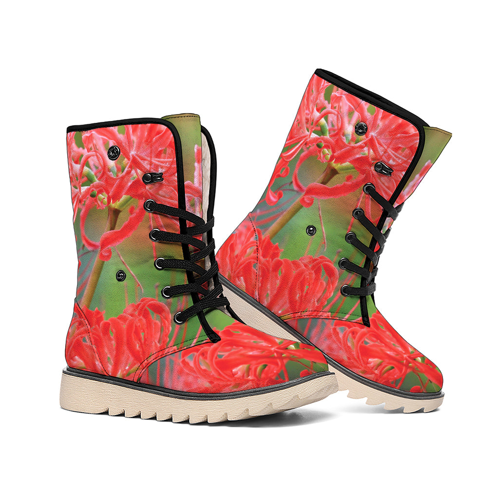 Red Japanese Amaryllis Print Winter Boots