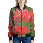 Red Japanese Amaryllis Print Women's Bomber Jacket