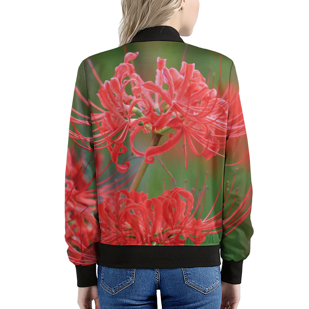 Red Japanese Amaryllis Print Women's Bomber Jacket