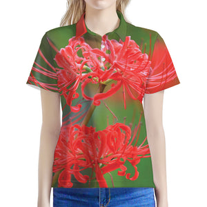 Red Japanese Amaryllis Print Women's Polo Shirt