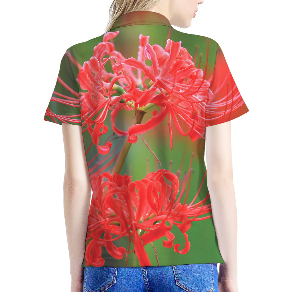 Red Japanese Amaryllis Print Women's Polo Shirt