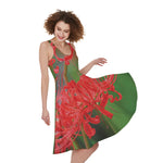 Red Japanese Amaryllis Print Women's Sleeveless Dress