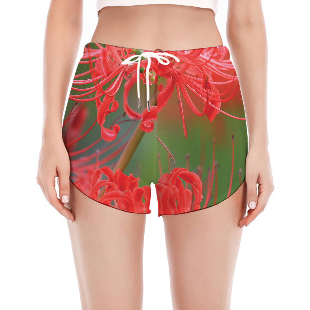 Red Japanese Amaryllis Print Women's Split Running Shorts