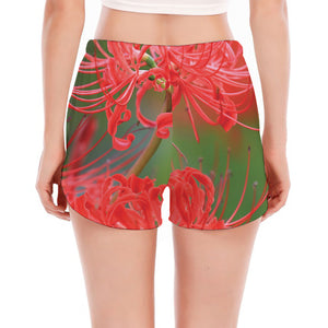 Red Japanese Amaryllis Print Women's Split Running Shorts