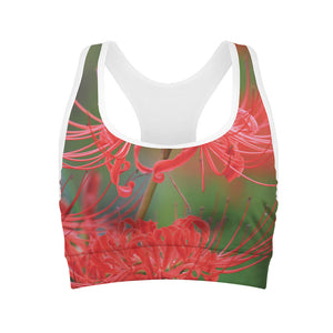 Red Japanese Amaryllis Print Women's Sports Bra