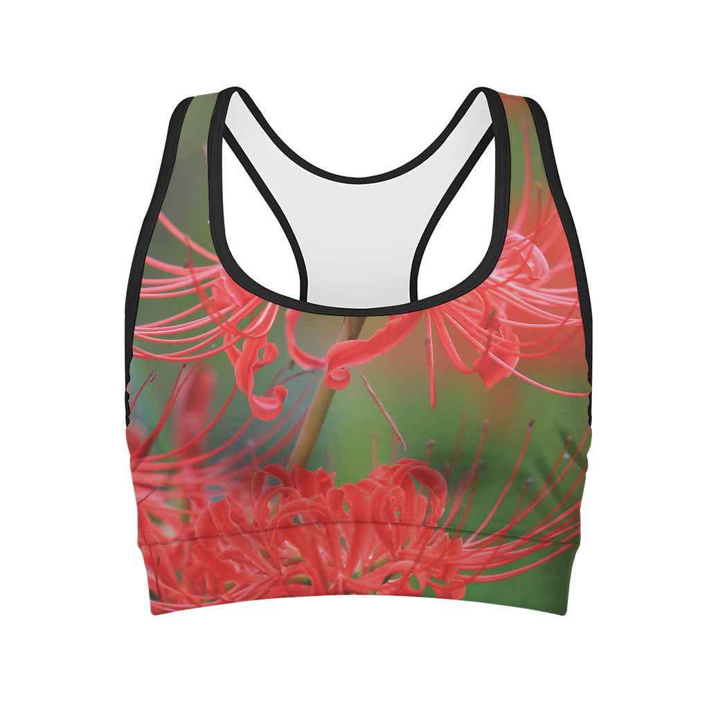 Red Japanese Amaryllis Print Women's Sports Bra