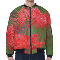 Red Japanese Amaryllis Print Zip Sleeve Bomber Jacket