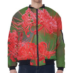 Red Japanese Amaryllis Print Zip Sleeve Bomber Jacket