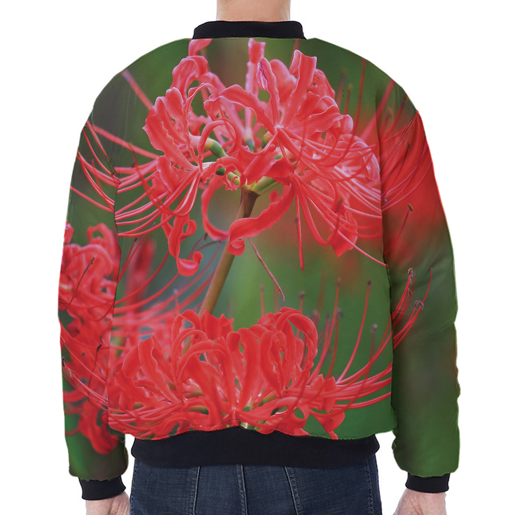 Red Japanese Amaryllis Print Zip Sleeve Bomber Jacket