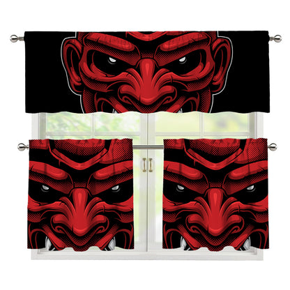 Red Japanese Demon Mask Print 3 Piece Kitchen Curtains