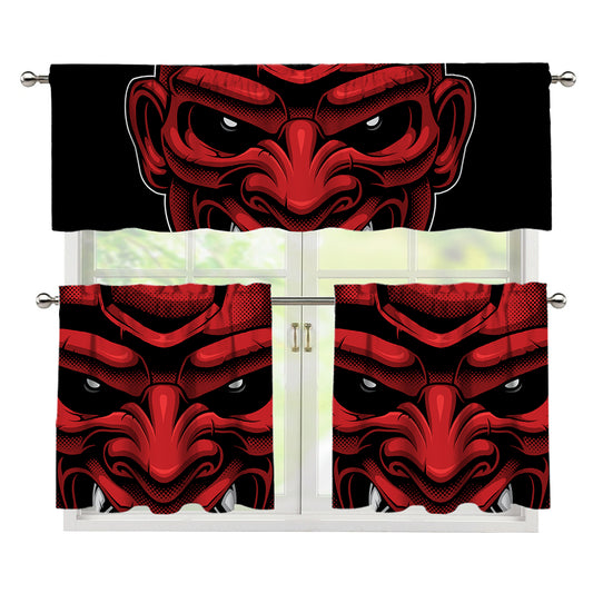 Red Japanese Demon Mask Print 3 Piece Kitchen Curtains