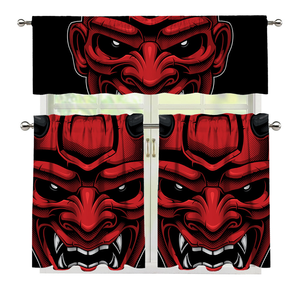 Red Japanese Demon Mask Print 3 Piece Kitchen Curtains